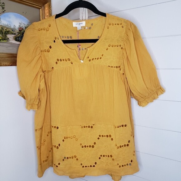 Umgee New Mustard Eyelet Floral Embroidered Boho Short Sleeve Top M - Picture 4 of 10